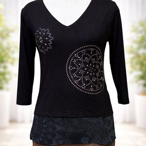 Desigual Black V-Neck Studded Mandala Top | 3/4 Sleeve Designer Tee Size Medium